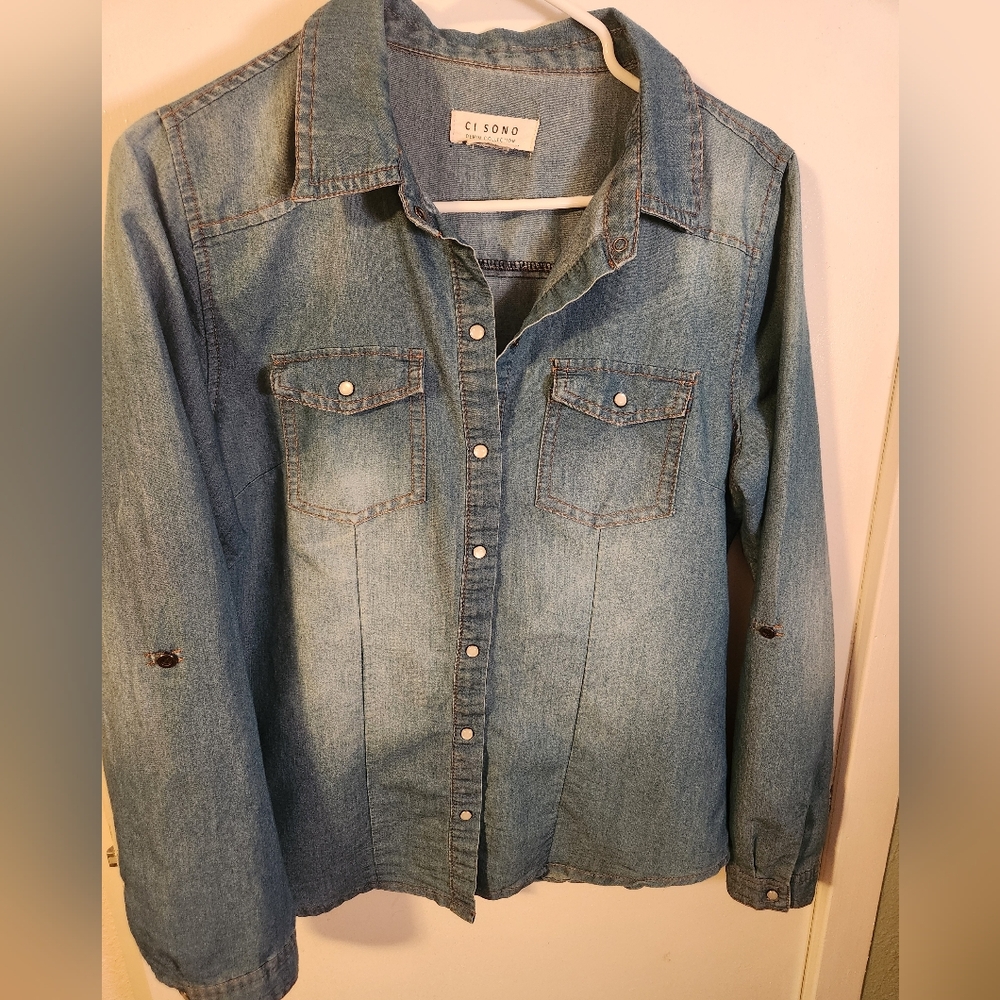 Cisono Denim Pearl Snap Button Women's Shirt Size Large